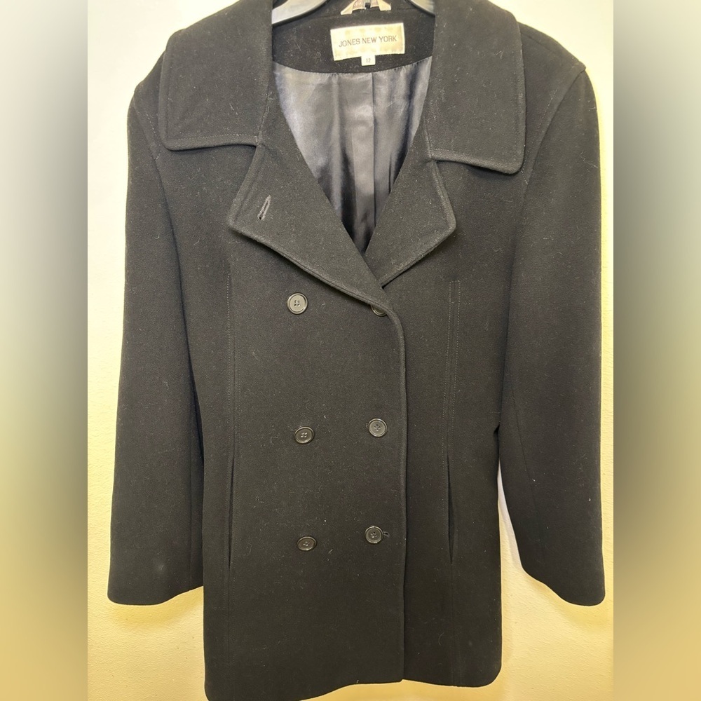 Jones New York Black Double-Breasted Pea wool Coat